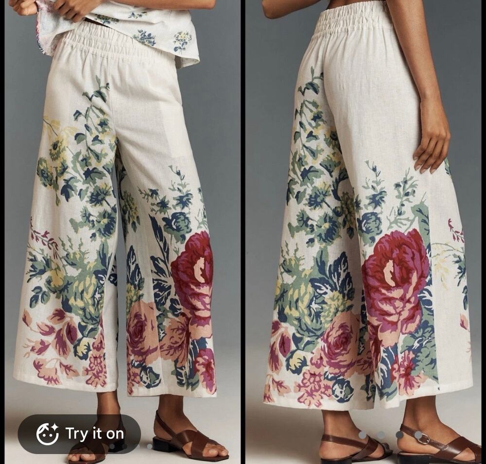 Anthropologie Wide Leg Pull-On Ankle Pants "Somerset" Linen Blends Floral Print